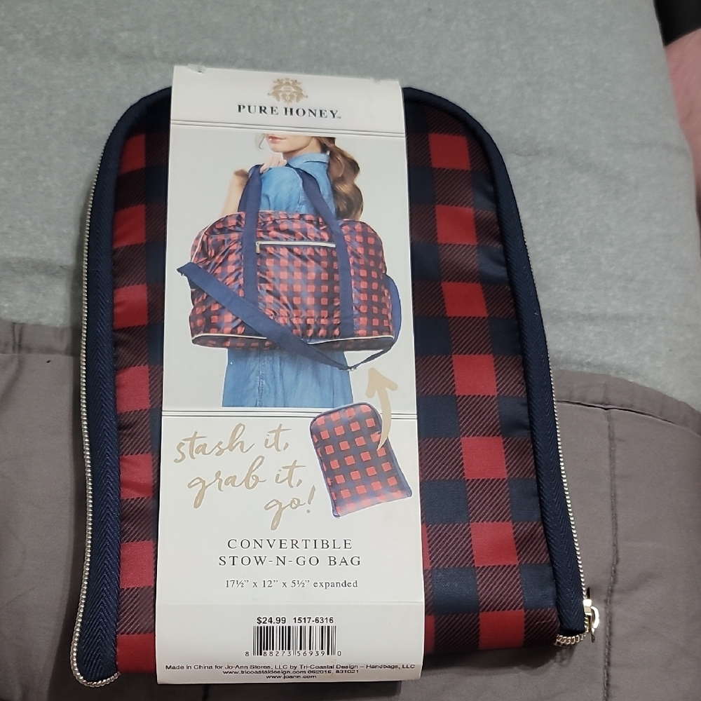 Pure Honey Convertible Stow-N-Go Bag - Red & Blue Buffalo Plaid